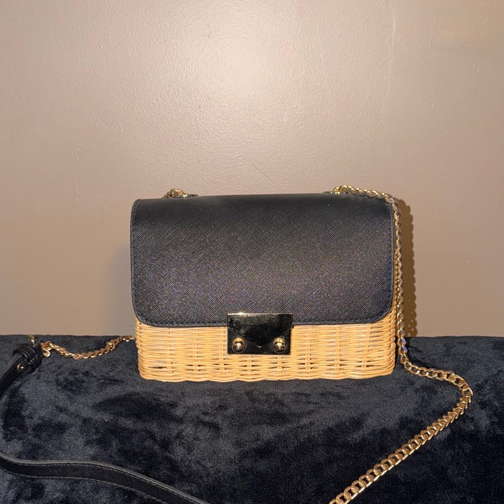 Woven Rattan Crossbody Bag with Black Flap